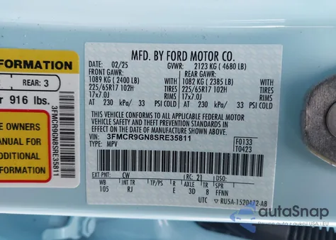 2025 Ford Bronco Sport Heritage из США, поврежденный, VIN 3FMCR9GN8SRE35811